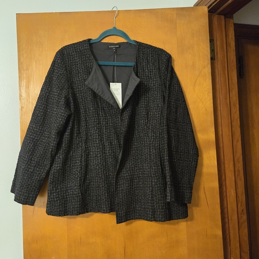 NWT Eileen Fisher Embroidered Cotton Squares Jacket Black Size XL - Picture 2 of 7